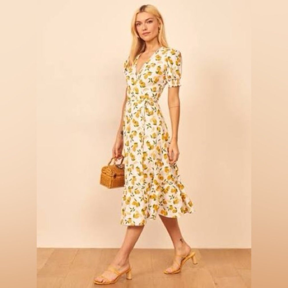 Reformation Lemon Print Midi wrap Dress linen Yellow White small short sleeve